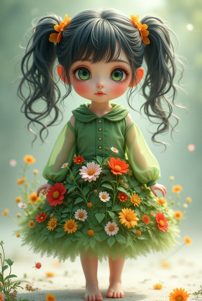 cartoon girl in a green dress and yellow shirt holding a flower, childrens art in artstation, cute detailed digital art, adorable digital painting, cute art style, cute detailed artwork, girl in flowers, cute digital art, girl in a flower field, full body portrait of a short!, girl dancing in a flower field, a beautiful artwork illustration --auto --s2