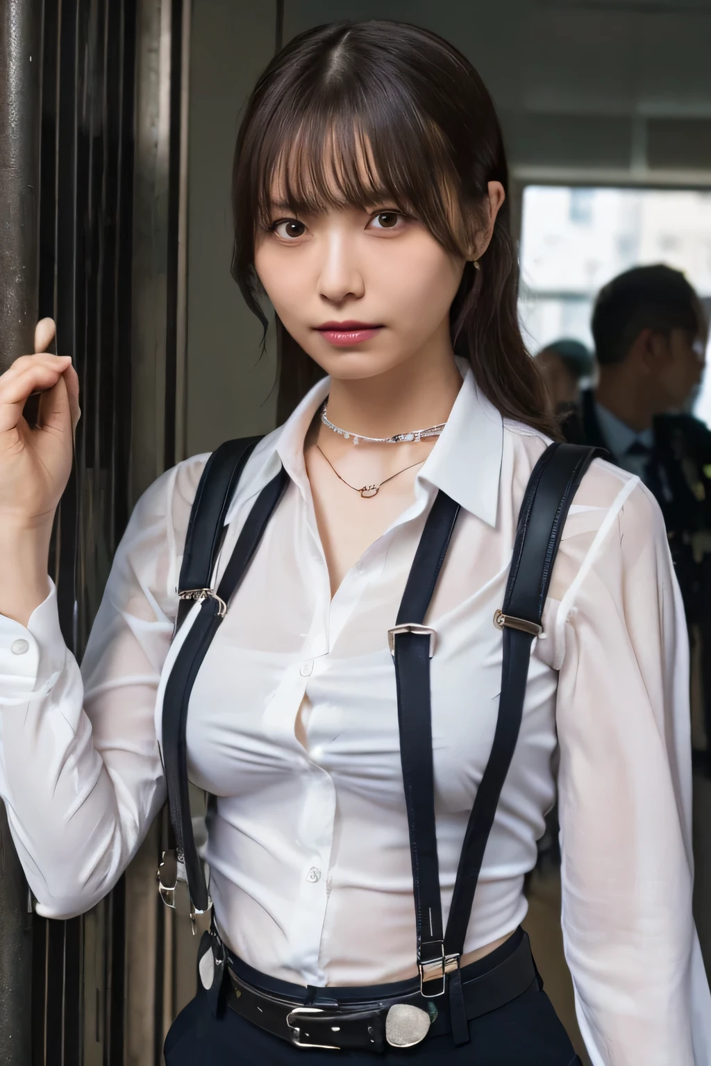 a woman in a suit, belt, hands behind back, sweating, suspenders, black pants, sexly, large breasts, see-through clothing, rain, detective, office worker, white button-up shirt, (best quality,4K,8k,highres,masterpiece:1.2),ultra-detailed,(realistic,photorealistic,photo-realistic:1.37),hyper-detailed,highly detailed face and body, Slender　thin　suspenders　Moderate breasts　See-through shirt　Nipples　holster　chain　Pistol　Armament　criminal　Female criminal　knife 　 Hands Behind Back　Constraints　handcuffs　Cable ties　Cable ties on thumbs Big breasts　Nipples　See-through clothes, hands above head　Pose of surrender
