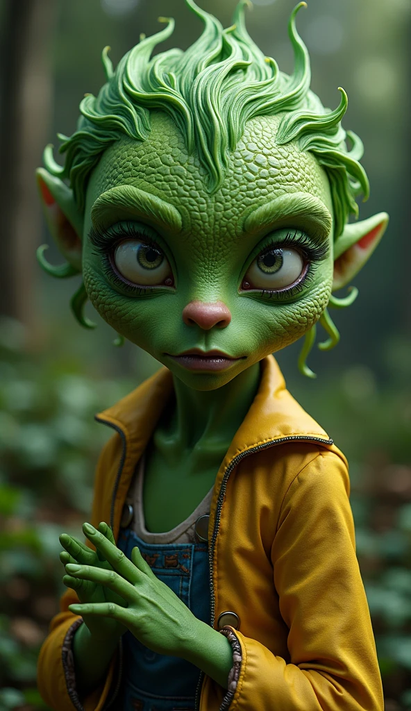 Green skin like a frog, bumpy skin, unperfect skin, lizard, frog face