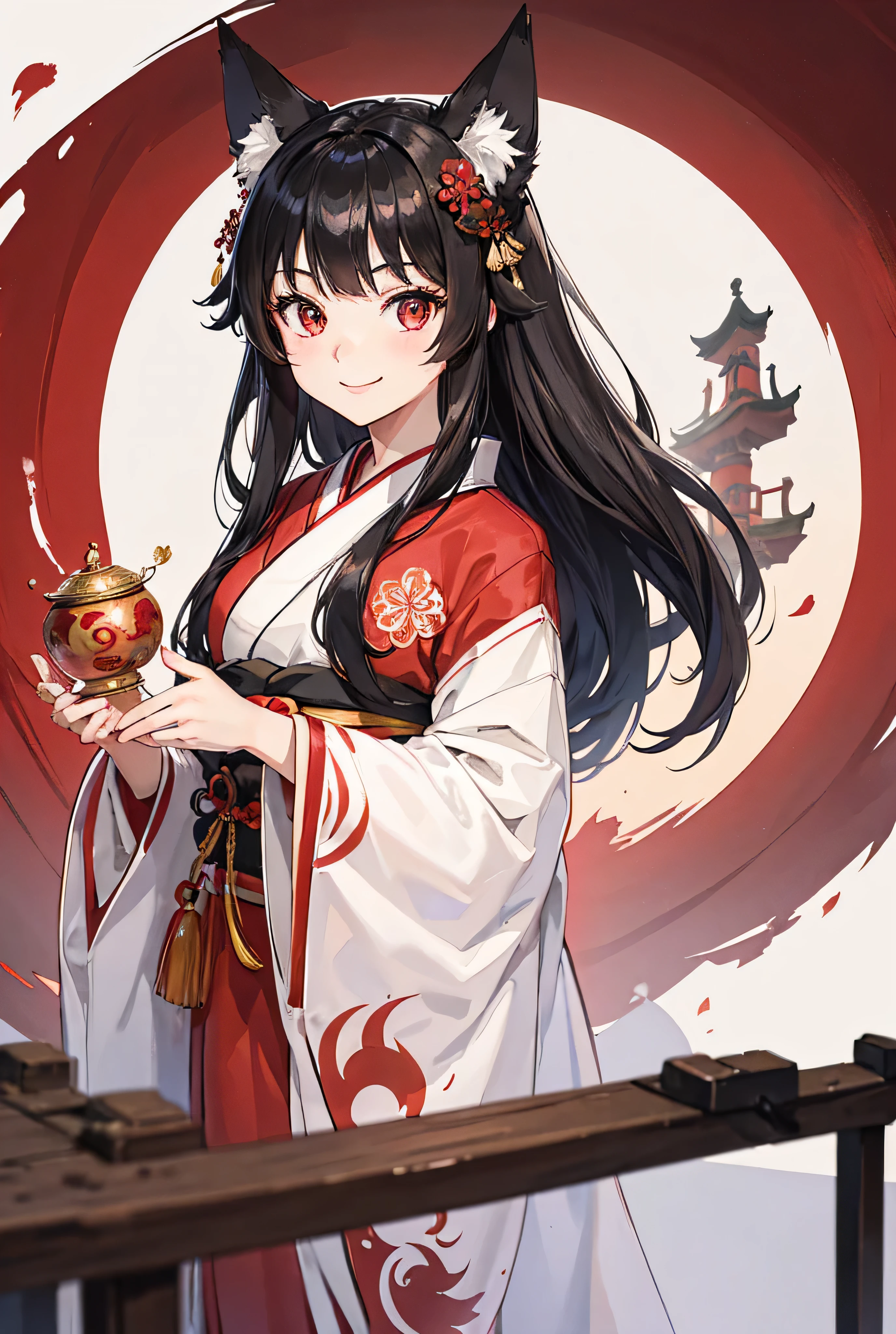 One Girl, Long Hair, Big smile, Black Hair, Red Eye, White kimono, shrine, Highest quality, High-resolution models, Fox ears, Fisheye Shot,