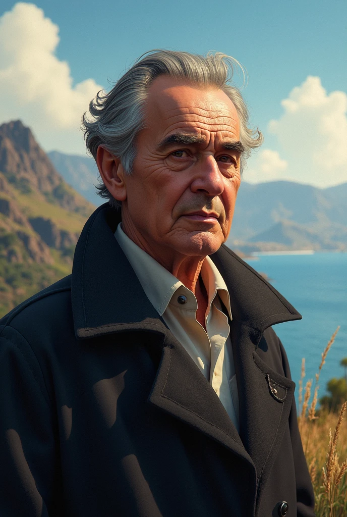 cinematic still shot from a ghibli movie, portrait of oppenheimer in ghibli studio artstyle, wearing a hat, smoking cigarette