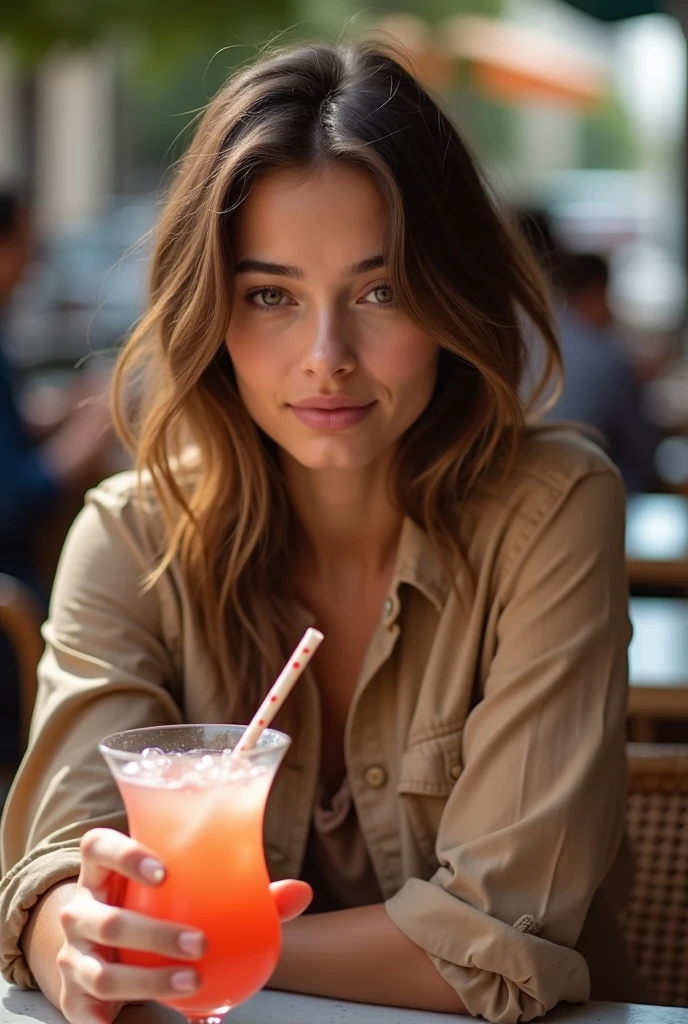 high resolution, masterpiece : 1,2), (realistic : 1,37), (best quality, high resolution, ultra-detailed girl, realistic) Fille aux yeux marrons verts (noisettes) and very dark brown, wavy, almost curly hair with mixed-race skin. Elle tient dans sa main un bubble tea jaune. On voit derrière elle des magasins mais il sont floutes. Sa peau est métis, elle habite en France elle n'est pas chinoise. Elle ne sourit pas mais est très belle.
