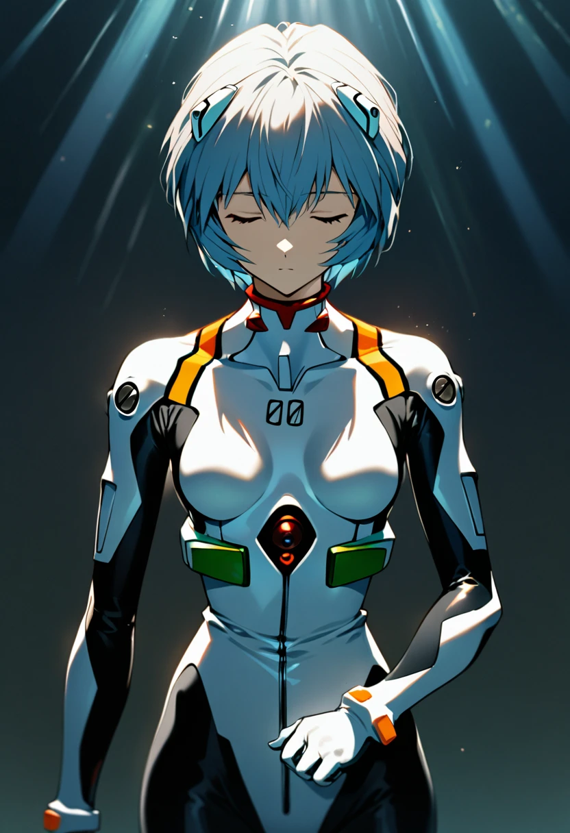 One girl, Ayanami Rei, alone, Red eyes, Plug Suit, short hair, Blue Hair, chest, Bodysuits,whole body, white Bodysuits, School classroom、 Interface Headset, bangs, Mouth closed, A little smile、Hair between the eyes, medium chest, high quality, slow,