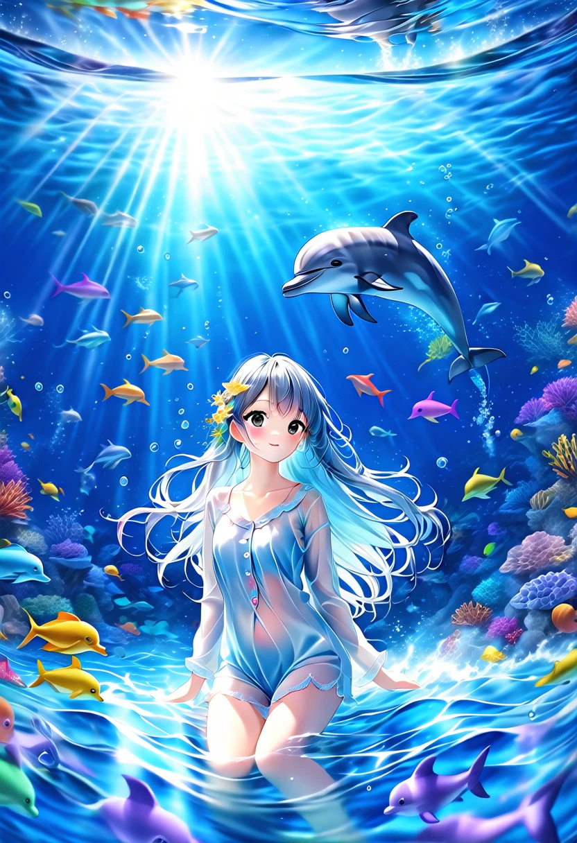 Photo of a dolphin swimming in the colorful sea, Light blue long hair、Beautiful sexy girl with long hair in see-through pajamas、Inspired by Cyril Rolland, Beautiful art illustration, Colorful concept art,  Cyril Roland Style,  Very detailedな水彩画 8k, Very detailedな水彩画 8 K，octane，end，Practical，Clear lines, High sharpness,best quality, Very detailed, Main part, Movie-level lighting effects, 4K 