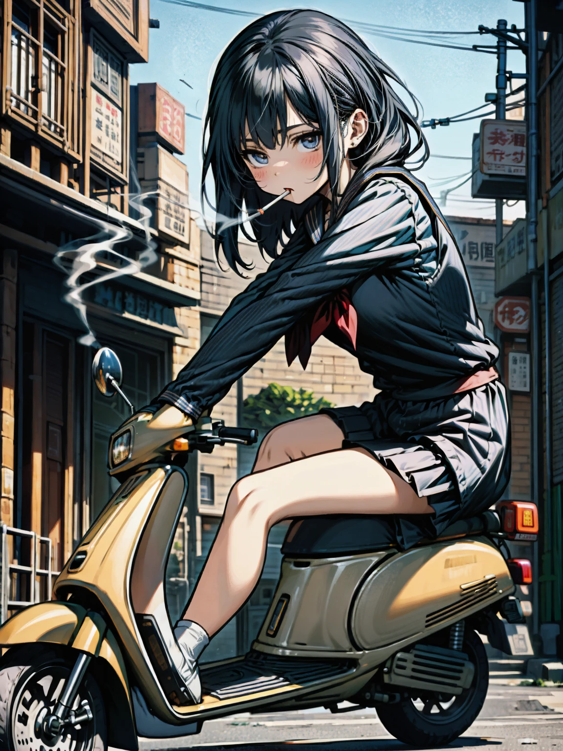 masterpiece, Highest quality, High resolution,alone, Accurate human body、Knowledgeable person、Correct five-finger,Sailor suitを着たアニメの***が、Riding a scooter and smoking a cigarette, Japanese girls uniform, Japanese School Uniform,Wearing sneakers, high school girl, seifuku, Anime Girl Cosplay, riding on the Moped scooter, Moped, Sailor suit, beautiful anime high high school girl, JK Uniform, Girl in uniform, wearing Japanese School Uniform, Simple light background, Uniform soft illumination, Shadows are minimal, Quiet and tranquil atmosphere, Front view, Shallow depth of field, Well-balanced exposure