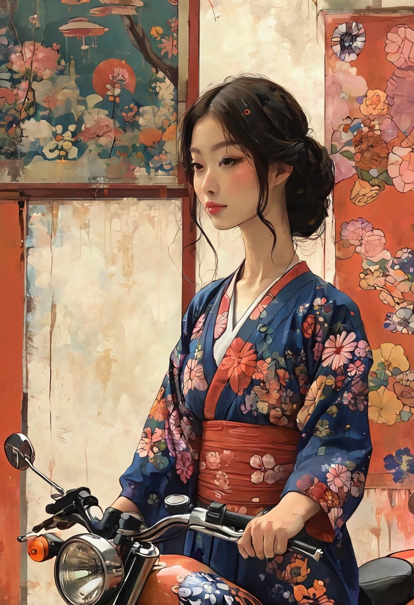 Girl riding a Ducati motorcycle、Motorcycle design featuring traditional Japanese patterns、A beautiful girl wearing a racing suit with a Japanese pattern、Japanese traditional art、Kimono-like Japanese style、Japanese style、Shangri-La、Pop Art、psychedelic、Highest quality、Masterpiece、style of Diane Dillon, 
