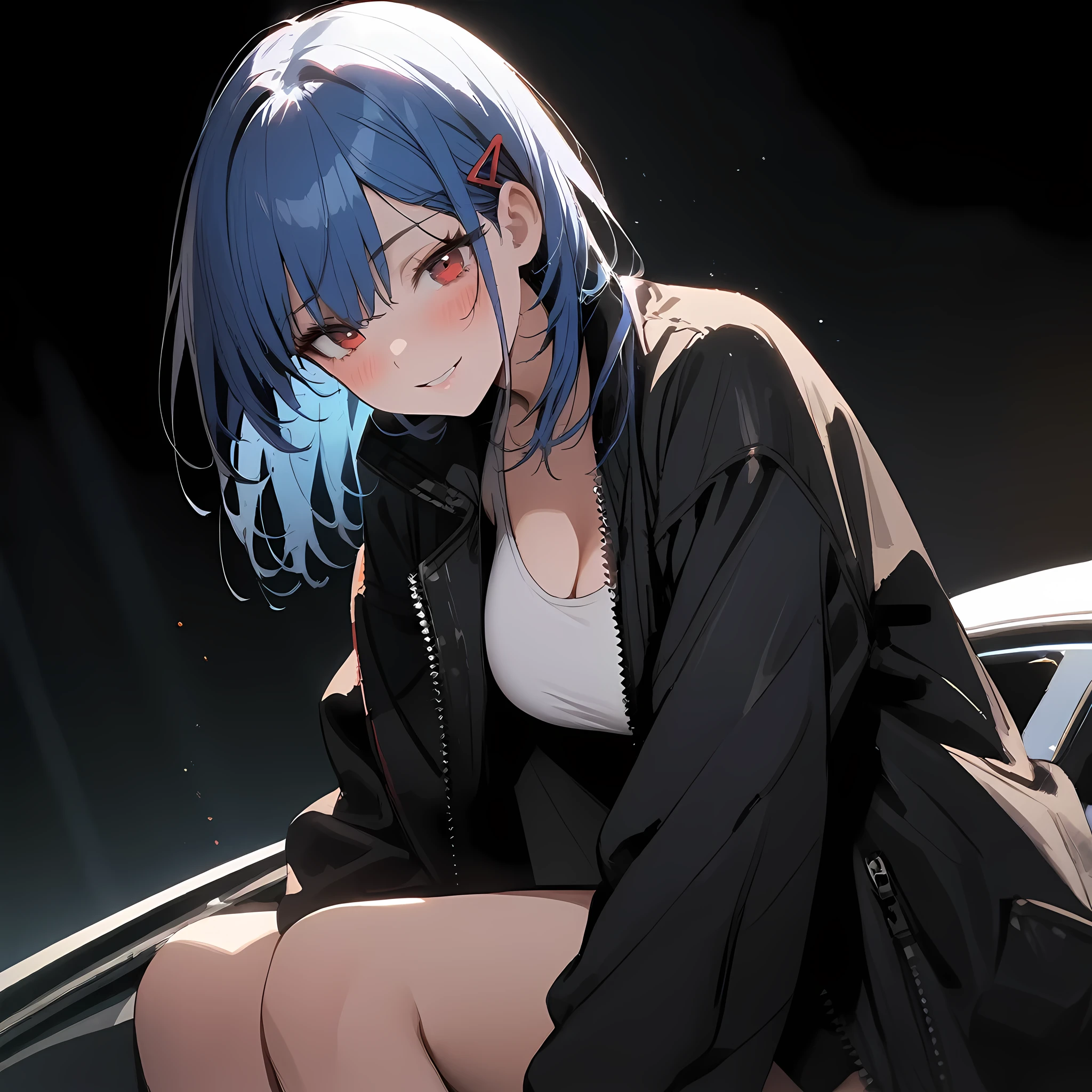((Highest quality)), ((masterpiece)), ((detailed)), (4K),a girl sitting on the floor in front of car in mechanic outfit, 1girl, cigarette, 独奏, holding cigarette, darkblue hair, smoke, smoking, sitting, underwear, Virtual Youtuber, short hair