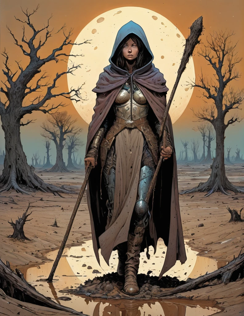 Moebius-inspired French comic artwork, depicting a beautiful girl in a cloak and armor, Holding the staff, whole body, wear a hood, standing on a barren wasteland, the earth is dotted with craters, dirty water, bare trees, split and torn out by the roots, sharp contrast of colors and textures, dramatic lighting,very detailed,Bright, but slightly undersaturated,A sense of movement,gritty texture