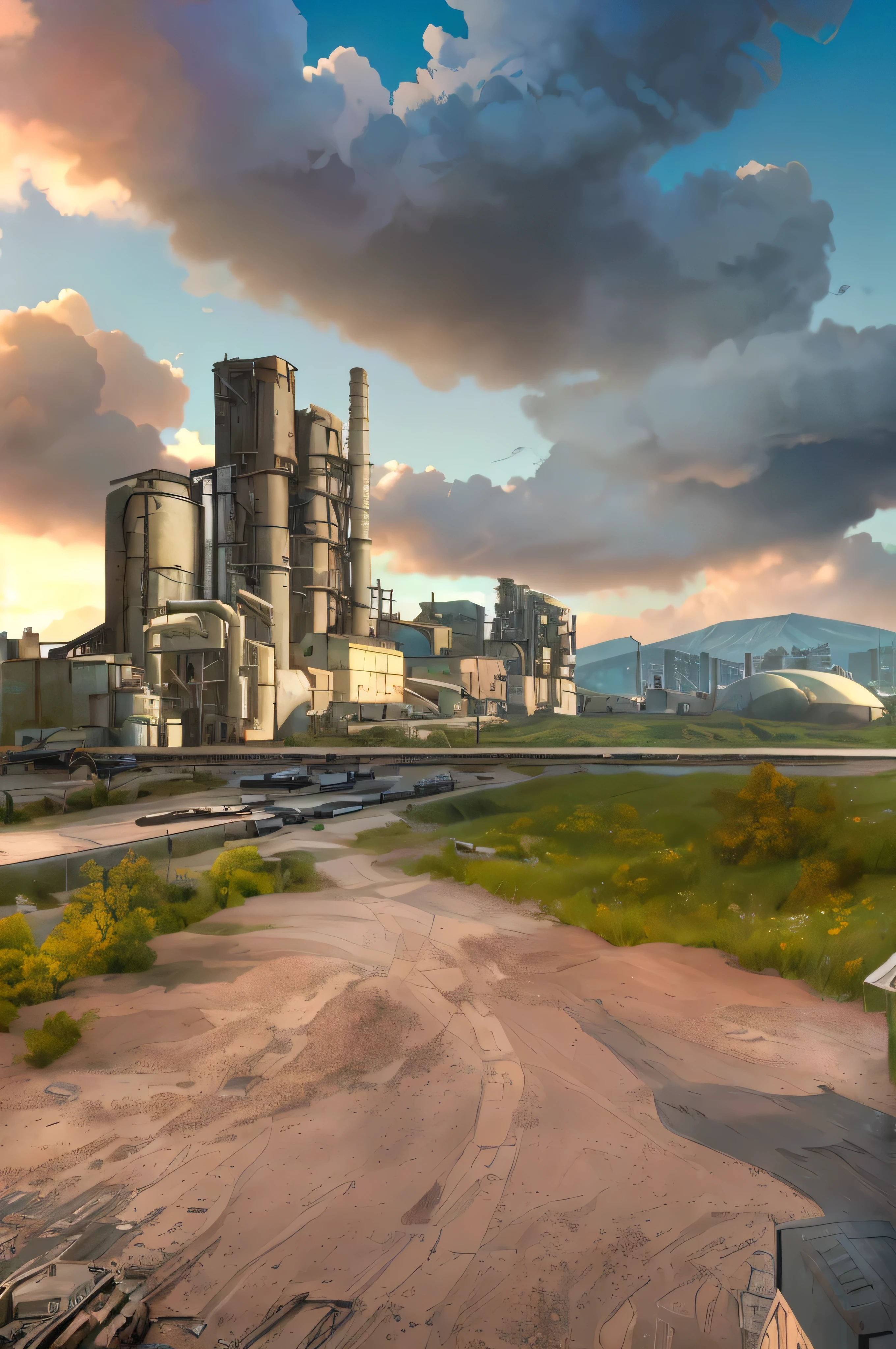 there is a dirt road that leads to a Cement factory, factory background, Beautiful sky and clouds, industrial surrounding, dystopian landscape, industrial complex, factories and nature, industrial setting, 3d rendered matte painting, 3 d render and matte painting, industrial sci - fi, industrial sci-fi, scenic dystopian environment, industrial scifi, industrial environment, mattepainting, dystopian background