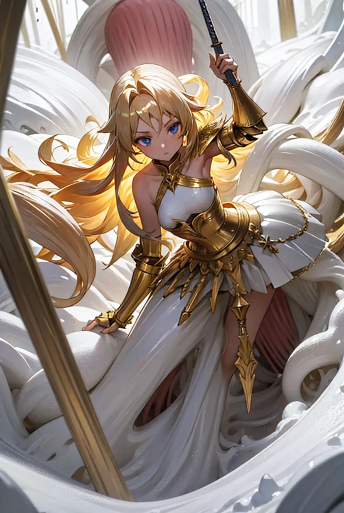 Masterpiece, Best Quality, Detail, a beautiful medieval adventurer long blonde hair blue eyes small breasts golden revealing armor and white pleated skirt she fights with the sword 