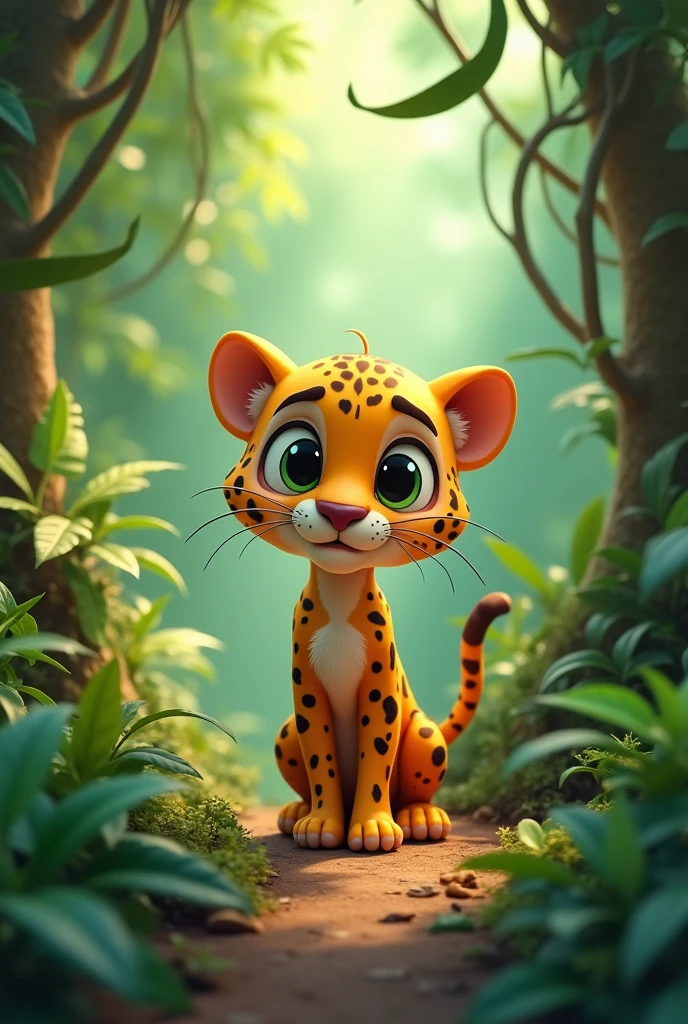 A jaguar girl for a children's comic. Realistic HD. Earrings on left ear full body. further . further . mischievous look
