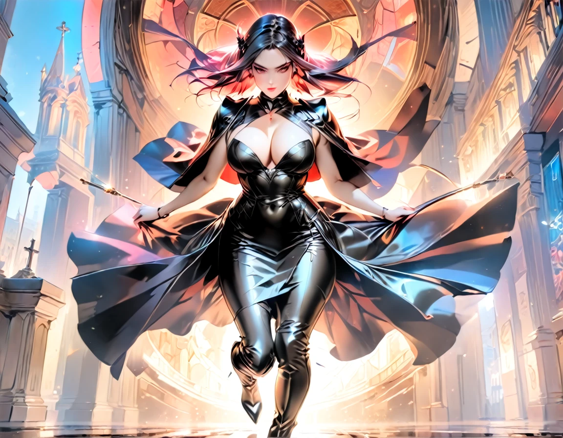 ((high detailed, best quality, 4k, masterpiece, hd:1.3)), (((8k))), cowboy shot, hotel room, bonfire, Princess Daisy, neon blue eyes, seductive, attractive, smooth anime cg art, 36C breasts, cleavage, vivid colors, detailed digital art, slim body, perfect skin, dark red hair, long hair, dark hair, red hair, looking at viewer, BREAK looking at viewer, extremely detailed face, red necktie, red skirt suit, red suit, red jacket, black shirt, red pencil skirt, red panty hose, full body, (red high heels), (high heels), earrings, gem, dark black makeup lips, dark gothic eyeshadows, dark eyeshadows, black eyeshadows, black sexy lips, black lips, (dark:1.2), dark lips, very dark lips, (perfect hands, perfect ???????), black makeup, detailed fingers, five fingers per hand, 5 fingers, (1 girl), detailed lips, detailed black lips, black painted lips, gothic painted lips, (breast focus), (from above:1.1), (breasts out:1.3), (off shoulder:1.1),