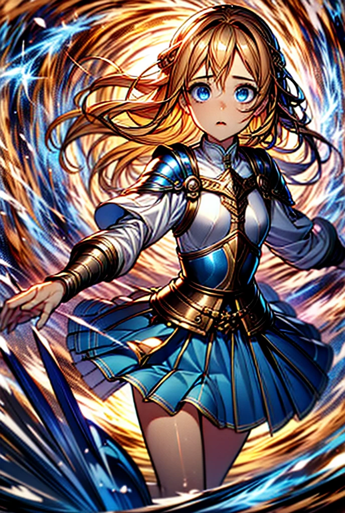 Masterpiece, Best Quality, Detail, a beautiful medieval adventurer long blonde hair blue eyes small breasts golden revealing armor and white pleated skirt she fights with the sword 