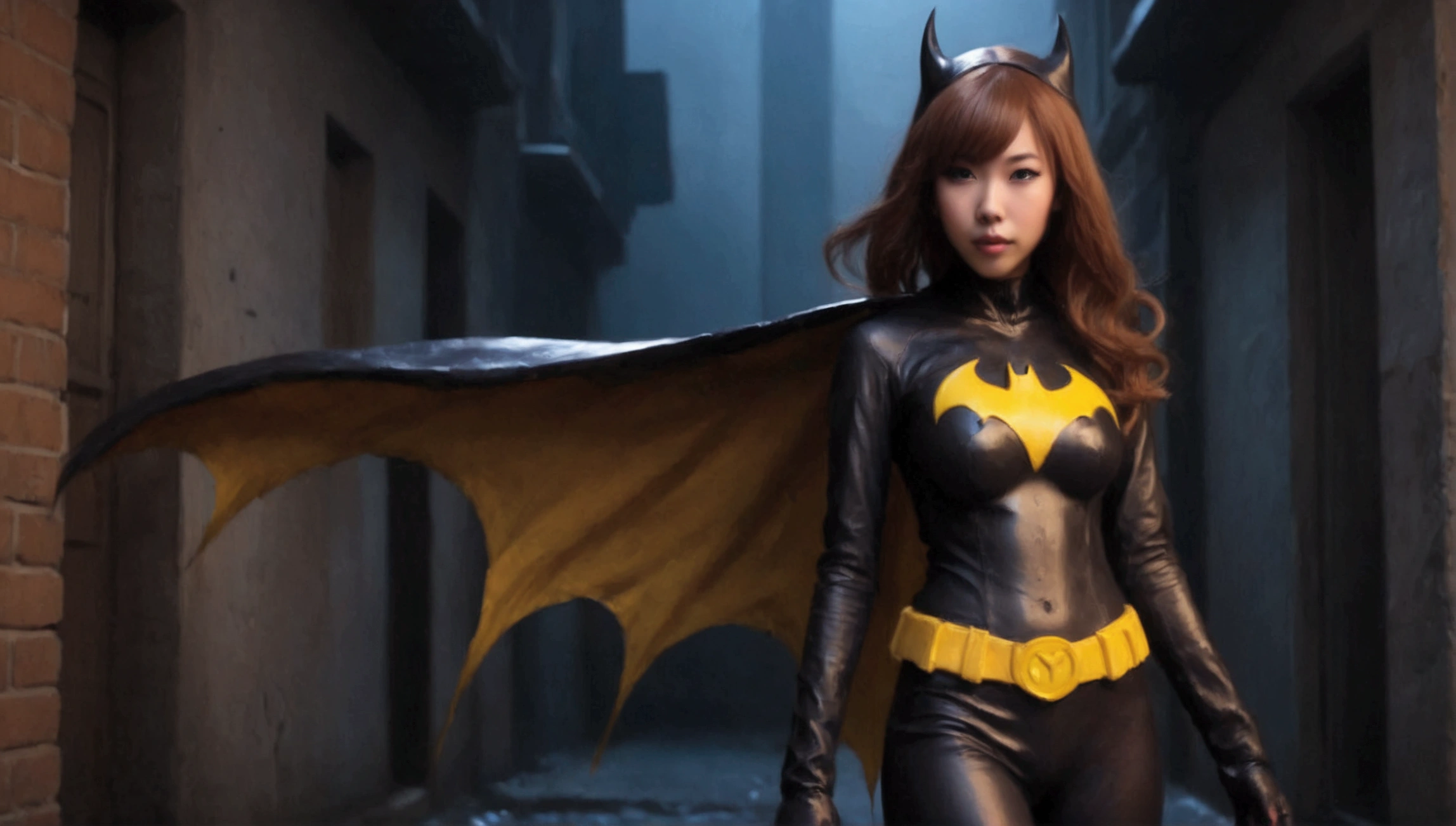 a cute Yuna (age 25, in the role of Batgirl, sexy damaged and torn outfit, struggling) went to investigaye a crime and was attacked by a horny tentacle slime beast, dark alley