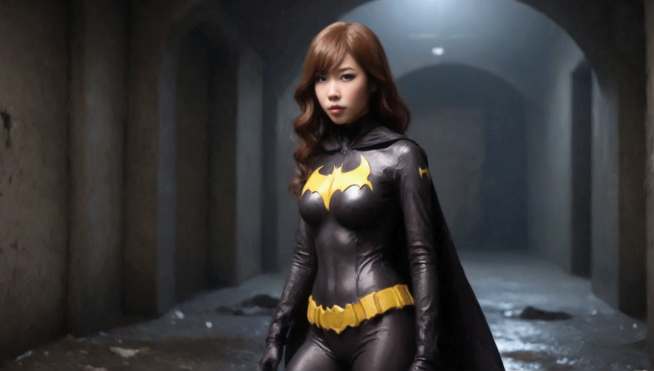 a cute Yuna (age 25, in the role of Batgirl, sexy damaged and torn outfit, struggling) went to investigaye a crime and was attacked by a horny tentacle slime beast, dark alley