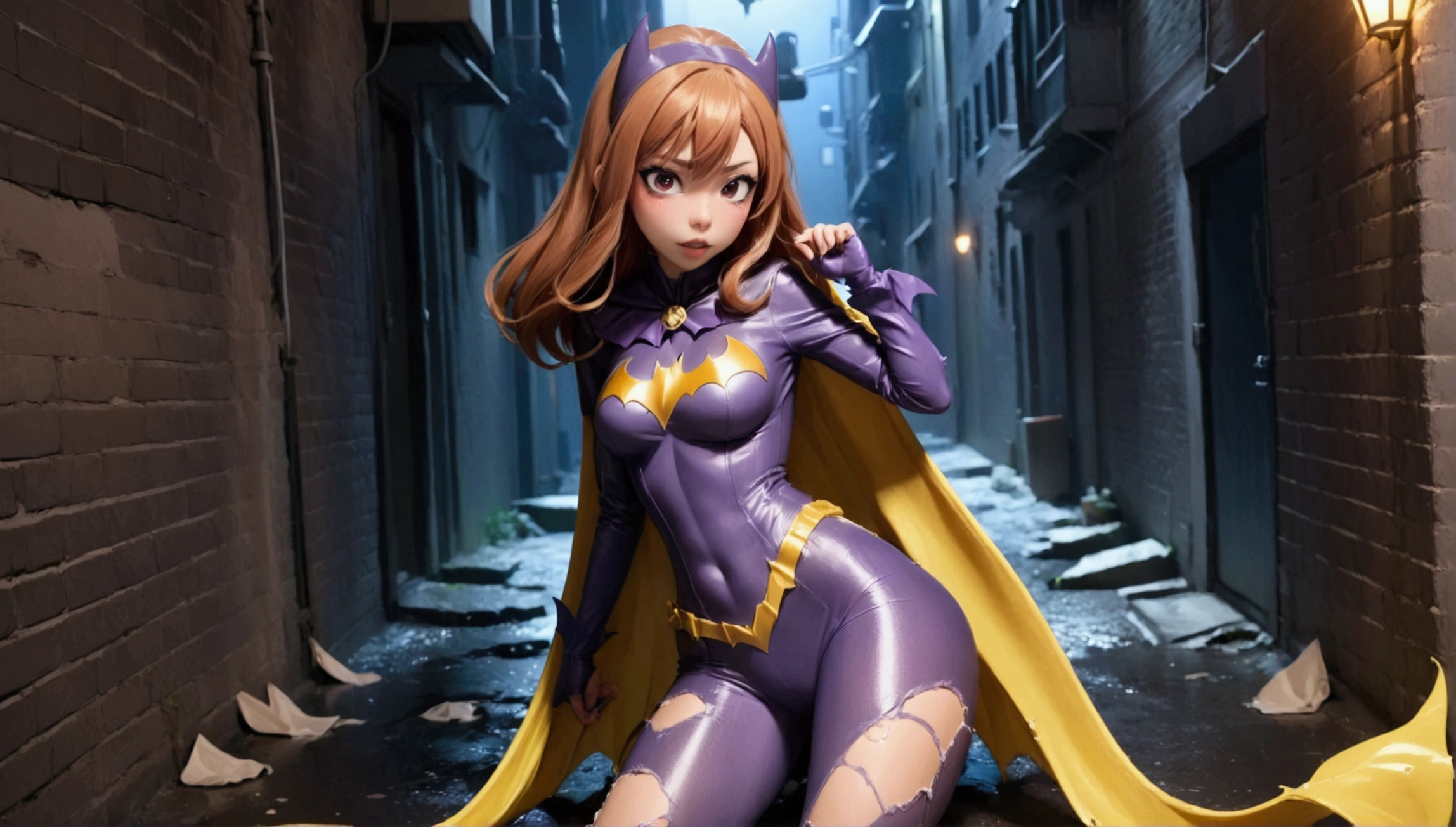 a cute Yuna (age 25, in the role of Batgirl, sexy damaged and torn outfit, struggling) went to investigaye a crime and was attacked by a horny tentacle slime beast, dark alley
