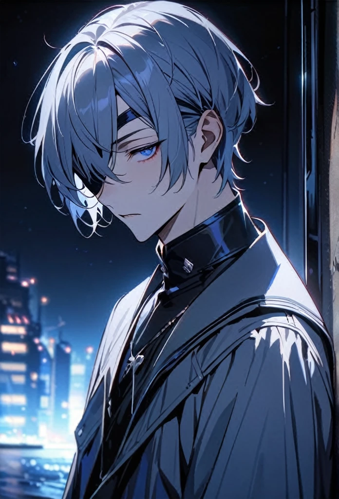 good looking, alone, 1 male, short hair, night, Black light、Looking this way、Attractive eyes。masterpiece, Highest quality, Anatomically correct, ,night景、Eye patch、Long Bangs、grey、Navy Blue