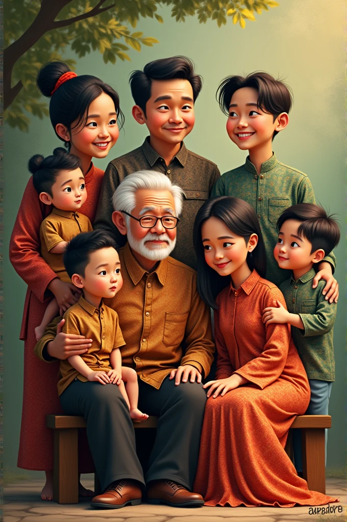 cartoon of a man and woman with a standing in a pond, Many lotus flowers are in the water, an indonesian family portrait, caricature illustration, potrait, happy family, cartoon art, classic portrait, full protrait, in cartoon style, caricature style, barong family, cartoon portrait, caricature, digital art cartoon, husband wife and son, traditional portrait, detailed portrait, cartoon digital art, portrait picture