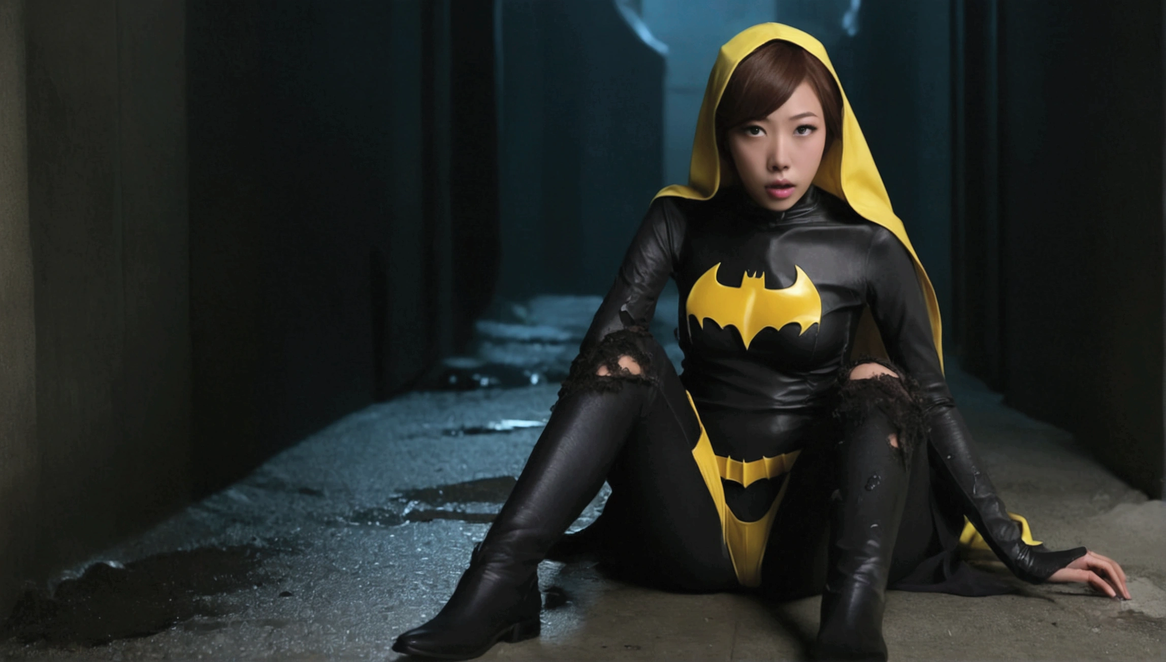 a cute Yuna (age 25, in the role of Batgirl, sexy damaged and torn outfit, struggling) went to investigaye a crime and was attacked by a horny tentacle slime beast, dark alley
