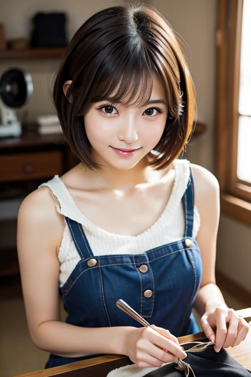 (girl with:1.3), short-hair, Amazing face and eyes, Looking at the camera, Smile full of joy、show teeth、Raise your arms to show off your biceps、(Thin tank top、Denim shorts:1.2)、Wear sneakers、(Best Quality:1.4), extremely detailed CG unified 8k wallpaper, Highly detailed, High-definition raw color photos, professional photograpy, Realistic full-body shots, Indoor photography、Plain wallpaper、sexy portrait of girl