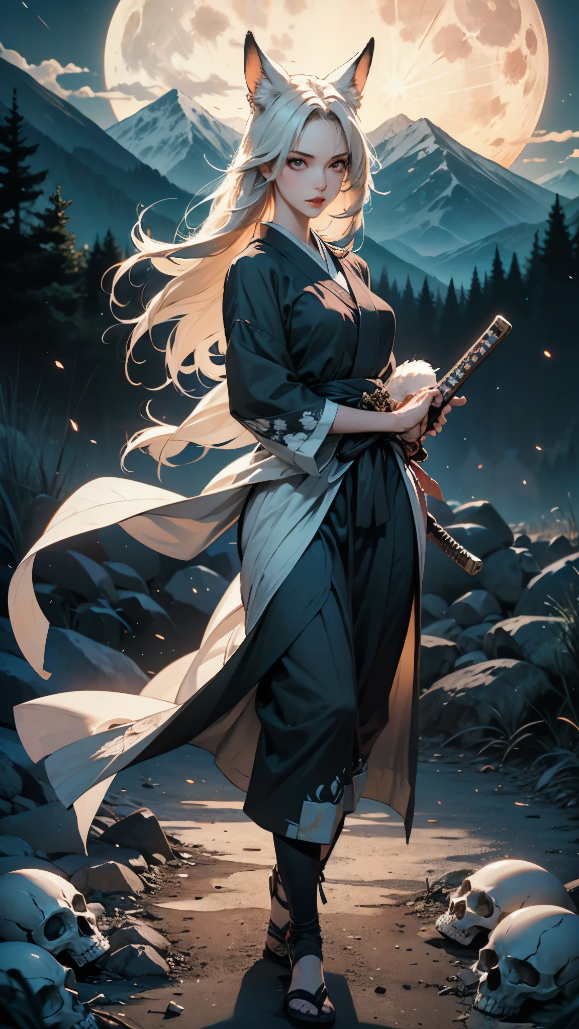 (No compromise CG, masterpiece, absurdres, best quality, perfect anatomy, ultra detailed), 1girl, Solo, Intricate details, Battoujutsu, (Nocturnal ghosts), beautiful woman, sexy figure,( detailed face, detailed eyes and lips, closeup) , Long beautiful white long hair, BREAK White Fox Ears, White fox tail, Nine-tailed fox, Samurai clothes, Carry a long sword on your waist, (Walking on unpaved roads and there are many skulls on the road, In the background is a beautiful moonlit night and distant mountains is depicted.)