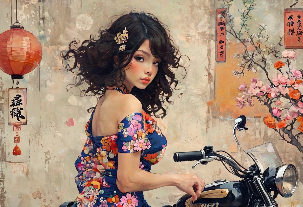 Girl riding a retro motorcycle、Motorcycle design featuring traditional Japanese patterns、A beautiful girl wearing a racing suit with a Japanese pattern、Japanese traditional art、Kimono-like Japanese style、Japanese style、Shangri-La、Pop Art、psychedelic、Highest quality、Masterpiece、style of Diane Dillon, 
