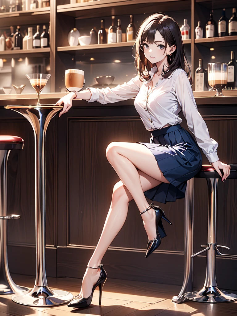 masterpiece, High resolution, perfect face, beauty of japan, 30 years old, beautiful face, night bar, turtle neck seater, skirt, embarrassed look, look at the camera, (top quality eyes), (detailed texture), look at me, Married woman, cool women, (high resolution eyes), sitting on the bar chair