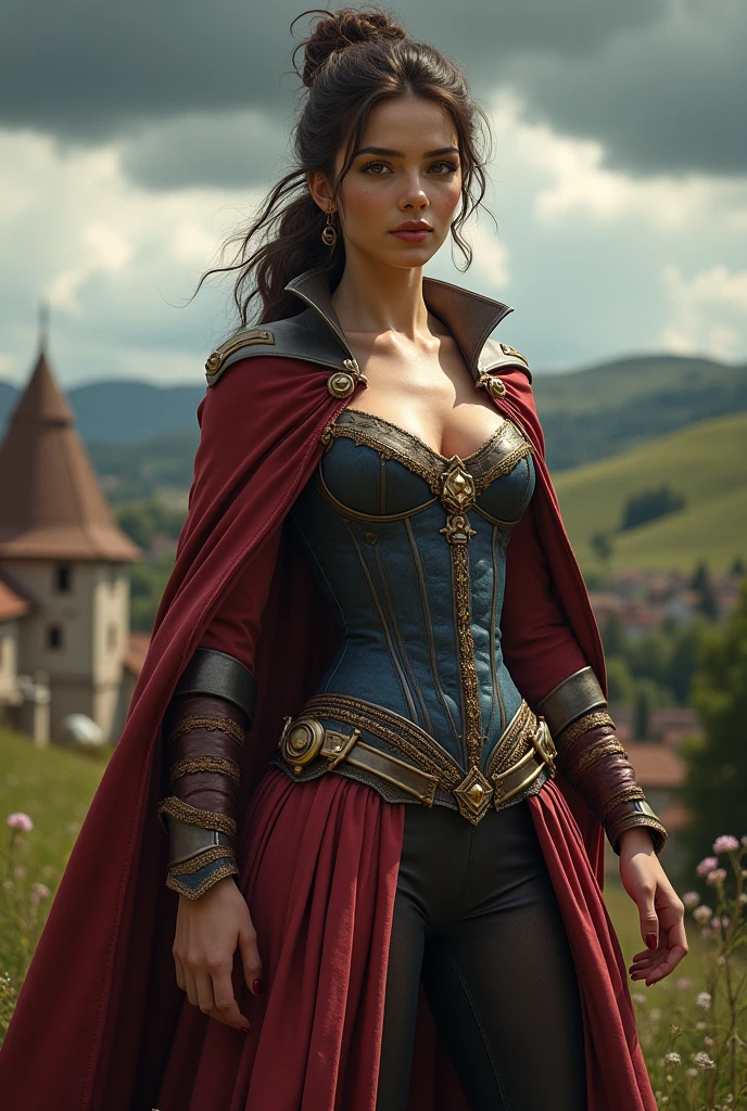 (masterpiece, top quality, best quality, official art, beautiful and aesthetic:1.2), (1girl:1.3), long and curly dark brown hair, extremely detailed, portrait, looking at viewer, solo, (full body:0.6), detailed background, close up, mischievous eyes, (warm summer castle theme:1.1), sorceress, charlatan, smirk, mysterious, walking in courtyard, revealing ((dark red)) sorcerer attire, red knee-length red skirt, off shoulder, straps, long sleeves, loose sleeves, cloak, corset, black leggings, black trousers, black pants, long brown boots, buckles, straps, pouches, magic energy, red fabric, white trim, ((((gigantic breasts, cleavage, skindentation)))), slim waist, slim hips, long legs, medieval (castle exterior:1.1) background, dark mysterious lighting, shadows, magical atmosphere, dutch angle