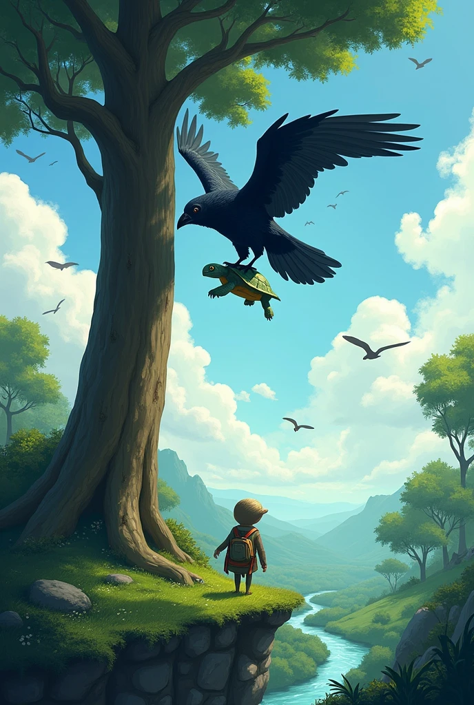 A small, determined turtle named Timo stands at the base of a tall, majestic tree in a vibrant, green forest. He looks up toward the sky, where birds soar through the clouds. A wise, dark-feathered raven flies down, gently clasping Timo in its claws, lifting him into the sky. Below them, the forest is vast and full of life, with streams winding through lush foliage. The sky is bright and expansive, filled with soft clouds. Timo’s eyes are wide with wonder as he experiences the thrill of flight for the first time, the wind rushing past his shell.