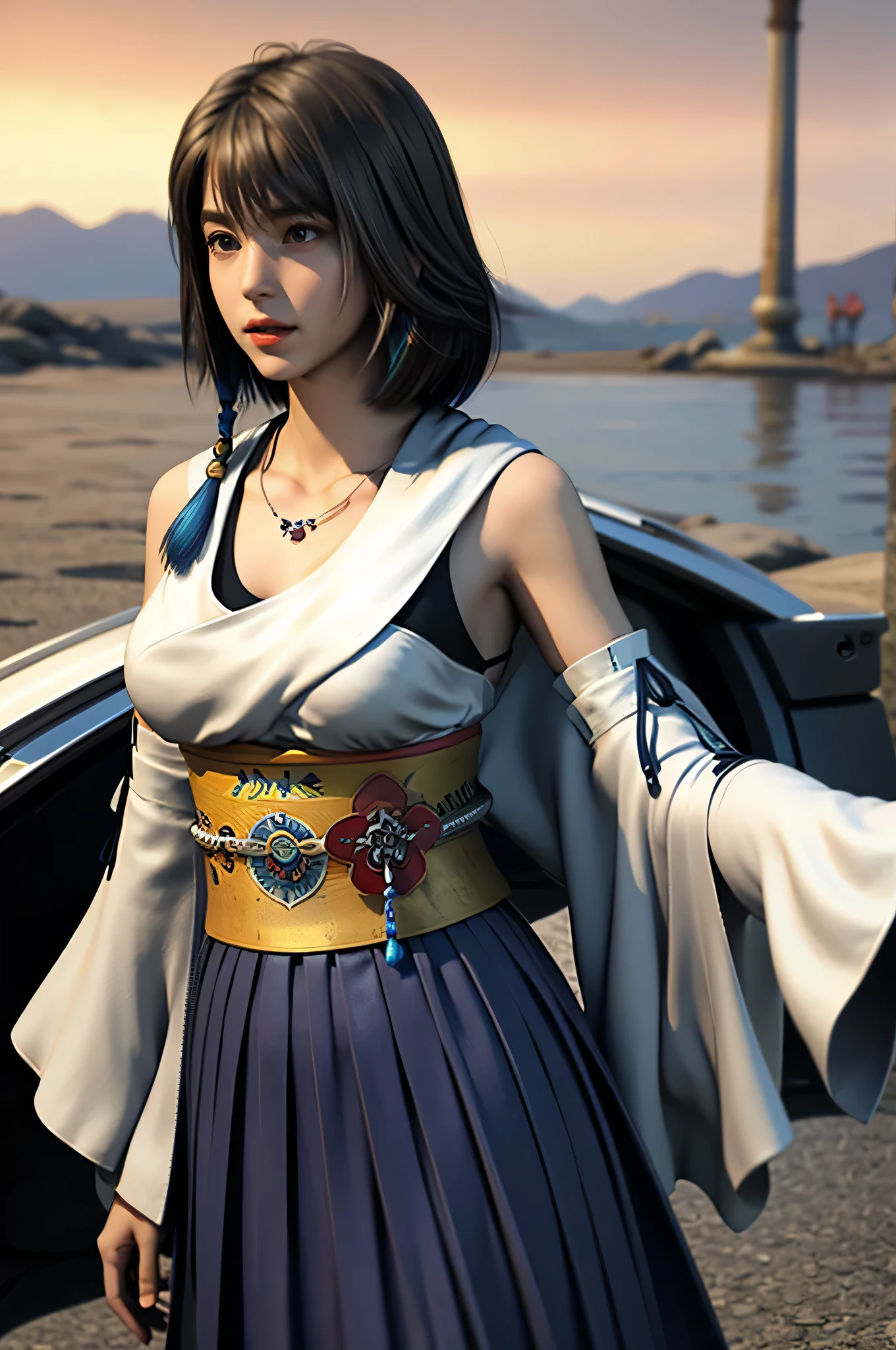 One girl, alone, jewelry, Removable sleeves, necklace, Blue beaded earrings, Hakama skirt Yuna FFX, Ultra-high resolution, photograph, photographrealistic, Very detailed, Detailed face, alone cute woman, royal palace, Medium chest, (masterpiece, high quality),View your viewers, Gorgeous Goddess, Bobcut, Charm, Fascinating, dream-like, Royal Cloak, ((Thick bangs)),