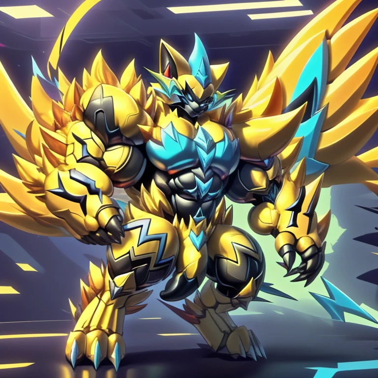 (ZERAORA, 8K), (Zeraora's giant robot, Powered exoskeleton with the same design as Zeraora), (Masterpiece, highres) (Detailed head, Detailed Body, Detailed abs, full body) (gigantic muscles, Gigachad Muscular, big muscle, pecs, triceps, traps, unusually developed muscular body, body full of huge muscles. showing off muscles, pectorales enormes, Exaggeratedly huge muscles.) (nj5furry, The claws are sharp, Sharp teeth, sharp claws), (long legs), (Spread wings, It has wings, have big wings, golden wings), (Wrestling, wrestler, the bodybuilding), (It has wings, whole body shines like metal, Wearing cyberpunk mecha, emphasizes the muscles, suit fully made of metal, intricate armor, Robotic suit, suit fully made of metal, cyborg), (black color hyper penis, hyper black penis), sitting on the throne,