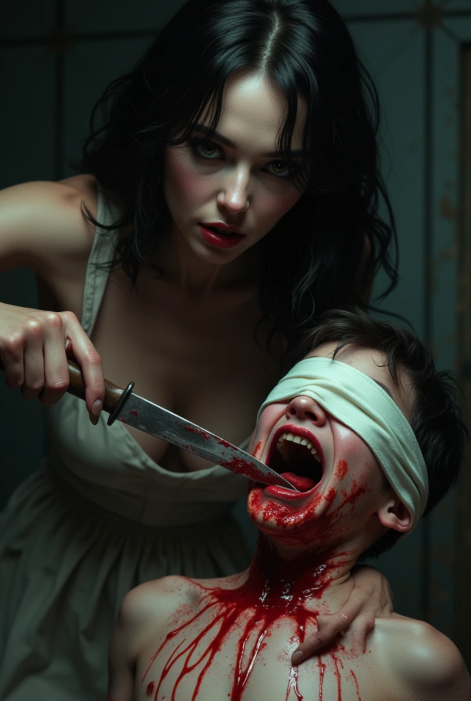 Indonesia A beautiful Woman knife cut throat A boy handsome neck bloody splash, blindfold, full body, wide open throat contents