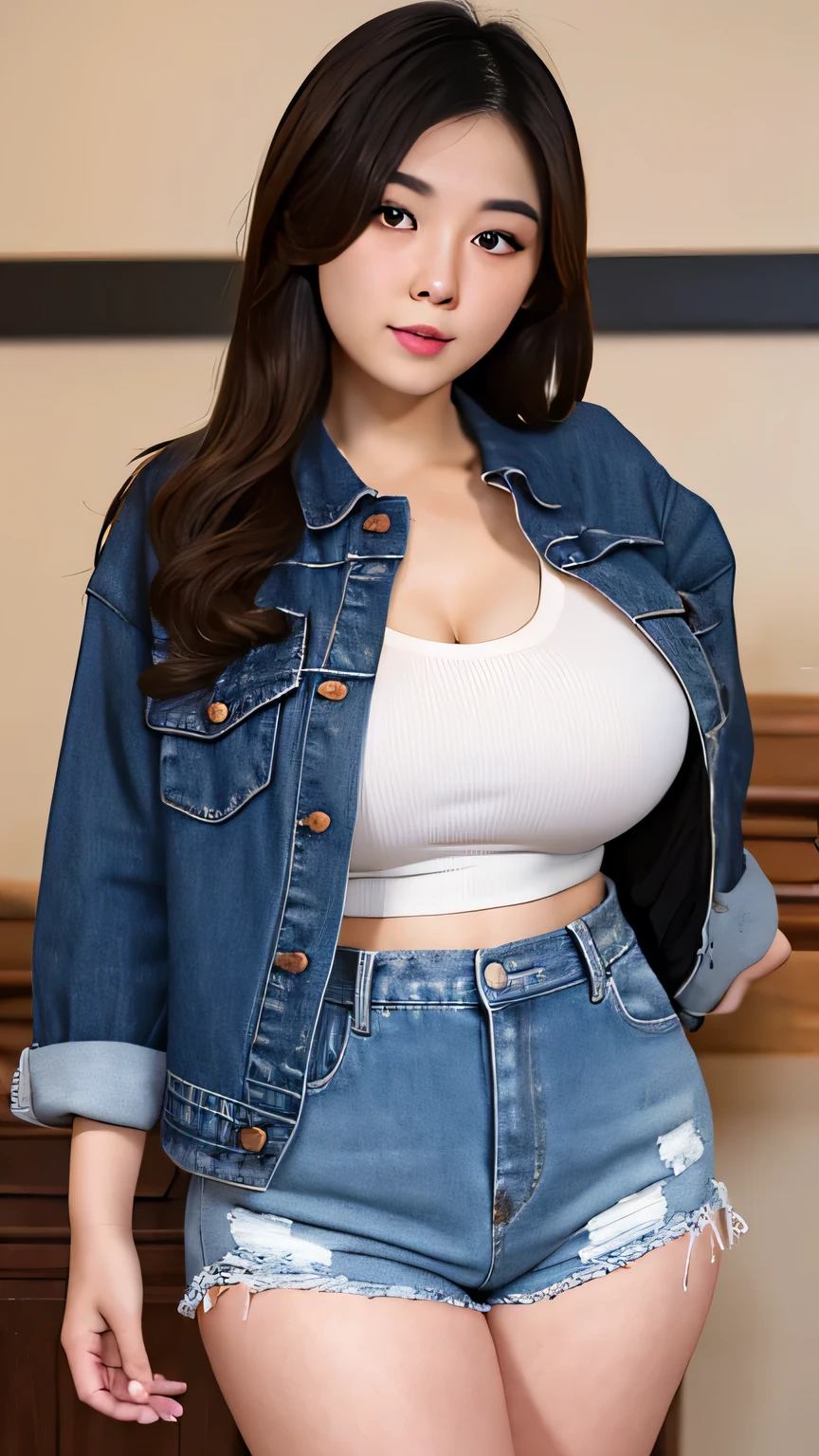 beautiful detailed chinese girl, wearing oversize t-shirt, denim shorts with rip, Large breast, massive cleavage exposed, huge buttock