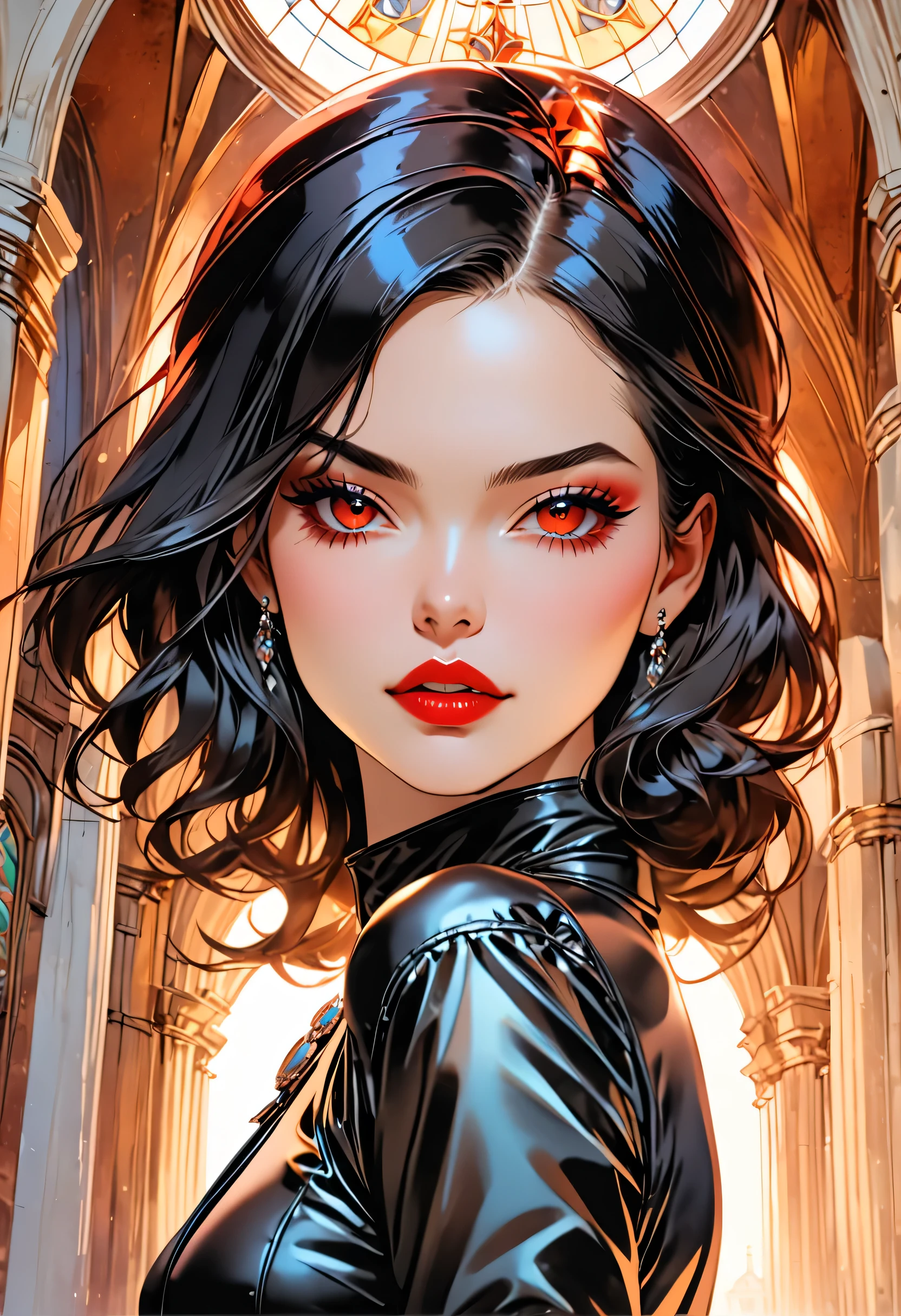 a comic fantasy art of a female vampire wearing black leather dress that has  ((full body: 1.5)), exotic beautiful female vampire l((anatomically correct: 1.5), (ultra detailed face: 1.2), best detailed face, busty,  ((black leather dress: 1.5)), intricate leather dress, glam leather dress, wearing high heeled boots, catholic church background, vibrant, Hyperrealism style, vibrant, Ultra-high resolution, High Contrast, (masterpiece:1.5), highest quality, Best aesthetics), best details, best quality, highres, ultra wide angle, 16k, [ultra detailed], masterpiece, best quality, (extremely detailed) RAW, NRART