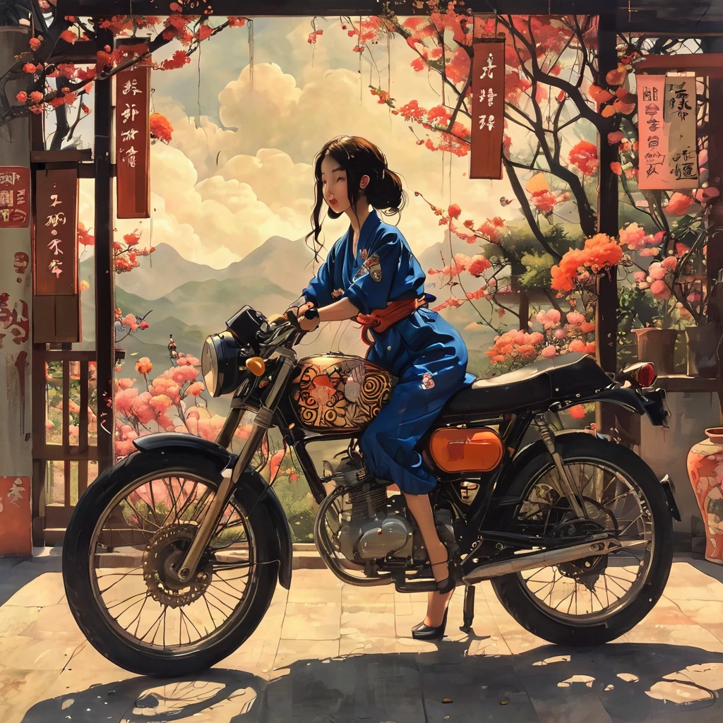 Girl riding a retro motorcycle、Motorcycle design featuring traditional Japanese patterns、A beautiful girl wearing a racing suit with a Japanese pattern、Japanese traditional art、Kimono-like Japanese style、Japanese style、Shangri-La、Pop Art、psychedelic、Highest quality、Masterpiece、style of Diane Dillon, 
