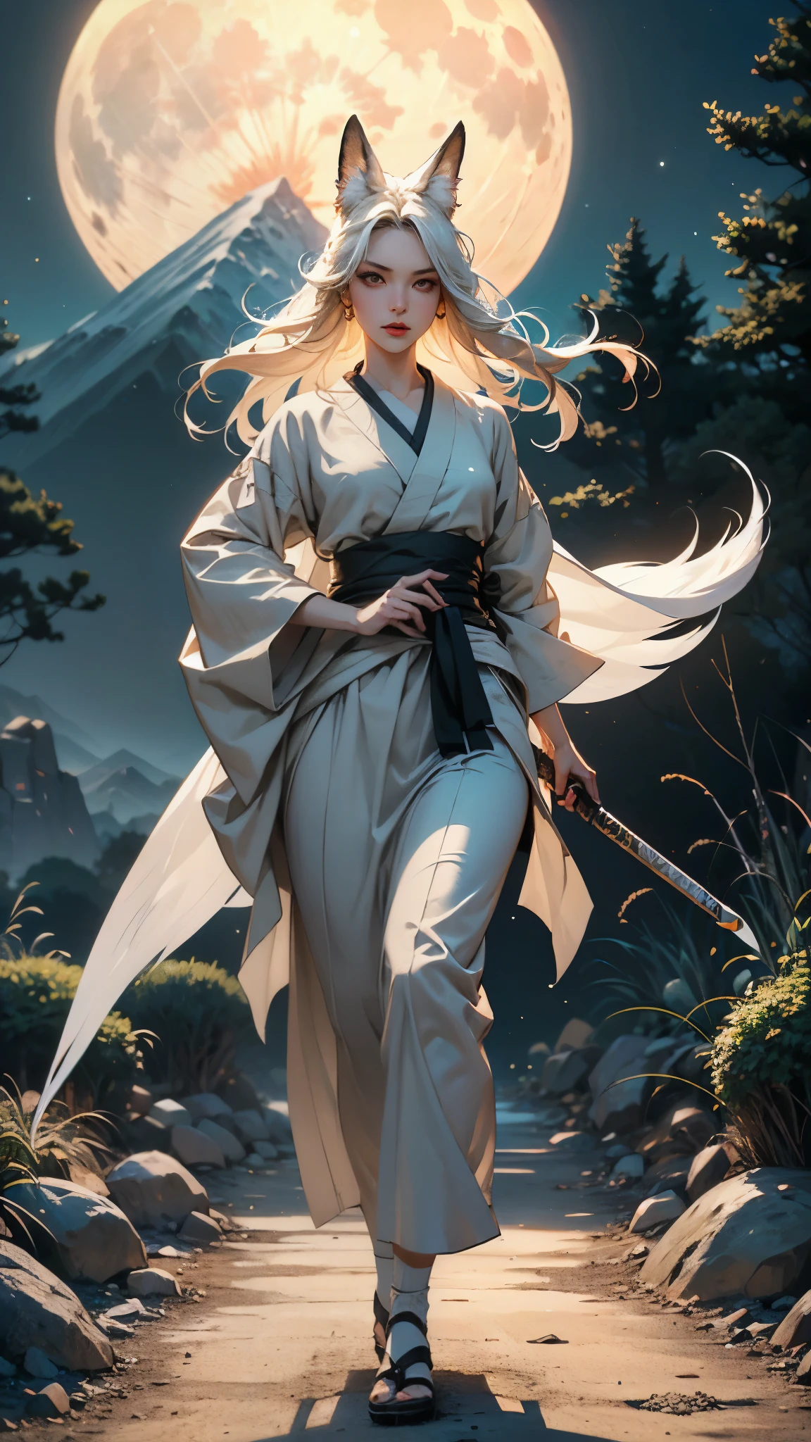 (No compromise CG, masterpiece, absurdres, best quality, perfect anatomy, ultra detailed), 1girl, Solo, Intricate details, Battoujutsu, (Nocturnal ghosts), beautiful woman, sexy figure,( detailed face, detailed eyes and lips, closeup) , Long beautiful white long hair, golden aura effect from whole body,  BREAK White Fox Ears, White fox tail, Nine-tailed fox, kimono clothes, Carry a long sword on your waist, (Walking on unpaved roads and there are many skulls:1.2 on the road, In the background is a beautiful moonlit night and distant mountains is depicted.)