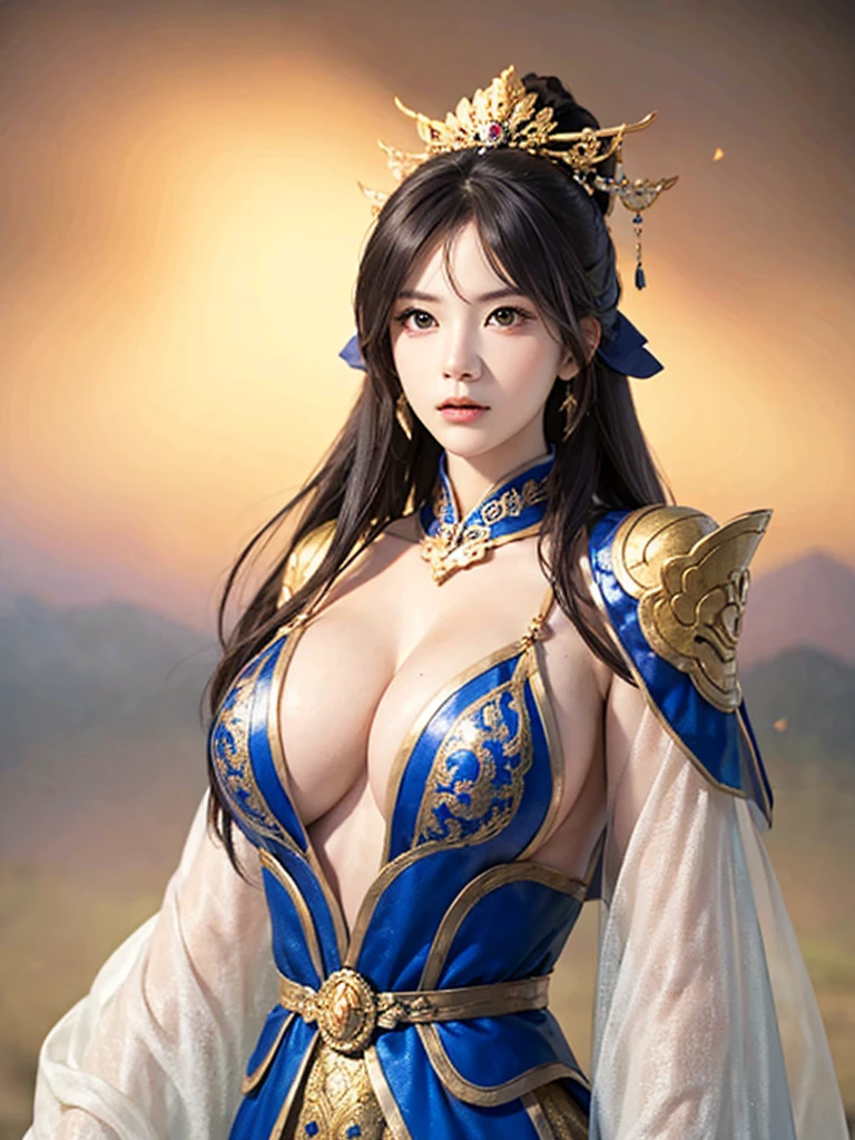 1 Woman in Han Dynasty Armor、There are exquisite patterns on the armor of the Han Dynasty、beautiful girl、Delicate body, Exquisite eyes、Long hair,、Gorgeous hair ornaments, Han Dynasty landscape、Everlasting,、whole body、Three Kingdoms、 Large Breasts， Solid background, Smoky environment, Adds a touch of mystery and drama to the scene. Soft and even lighting, Cast soft shadows, Create an atmosphere of seriousness and focus.