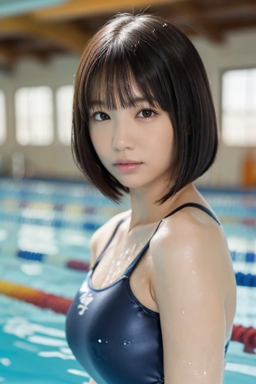 One , (Beauty , delicate :1.3), (:1.3),((Wet school swimsuit)) (Navy School Swimsuit:1.3),((Cute pose)) ,Very detailedな明瞭さ, (Symmetrical eyes:1.3), (School swimming pool, indoor:1.3), ((Nipples get erect))、((Big Breasts,))、one chest sticks out、 Brown eyes, ((Black hair bob cut)), Brown Hair, ,, (Eye and facial details:1.0),, (masterpiece, Highest quality, Very detailed, Detailed face, 8k)、((Front Angle))、