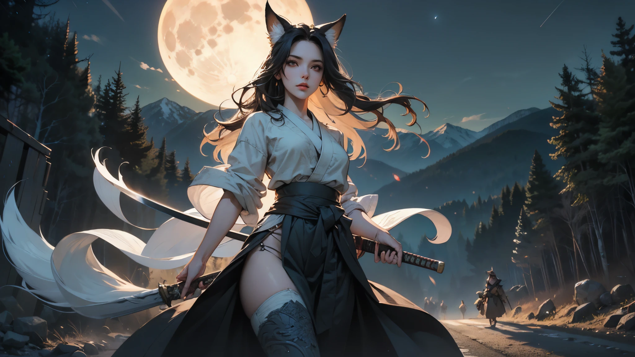 (No compromise CG, masterpiece, absurdres, best quality, perfect anatomy, ultra detailed), 1girl, Solo, Intricate details, Battoujutsu, (Nocturnal ghosts), beautiful woman, sexy figure,( detailed face, detailed eyes and lips, closeup face) , Long beautiful white long hair, BREAK White Fox Ears, White fox tail, Nine-tailed fox, Samurai clothes, Carry a long sword on your waist, (Walking on unpaved roads and there are many skulls on the road, In the background is a beautiful moonlit night and distant mountains is depicted.)