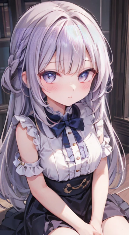 (Striped Hair, Messy Hair, Big Hair), (Expressive hair), Lolita Hairband, Cinema Lighting, Bust Chart, First Person View, Ultra-high resolution, (((masterpiece, Textured skin))), (Super Detail), Attention to detail, high quality, ((最high quality)), 16K, Gothic Lolita Costumes, Upturned eyes, pretty girl, Ruffled dress, At the cafe,Long silver hair,blue eyes, (Big Breasts:1.4),,(((Nipples))),corset,Fine Jewelry,whole body