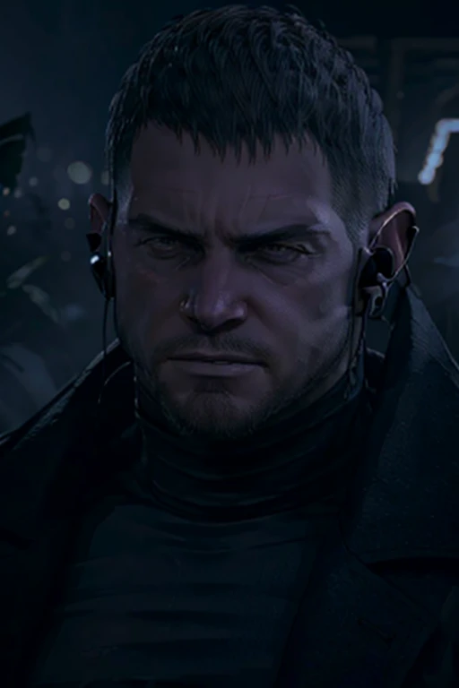 Dark gothic village in the background, old Chris Redfield from Resident Evil 8, 4, muscular male, tall and hunk, black cold turtleneck, straps, earpiece, beard, handsome face, deadpan, video games style, high resolution:1.2, best quality, masterpiece, dark nightime, dark atmosphere, volumetric lighting, shadow, potrait, face close up