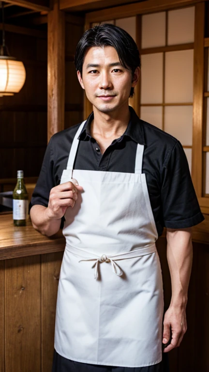 Japanese men、Age 35、Slender、Clean black hair、Tavern apron