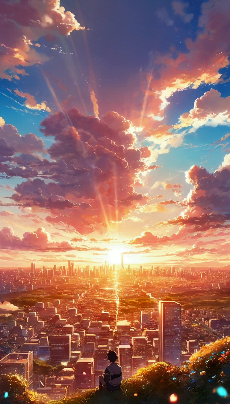 anime anime wallpapers with a sunset and a man looking at the city, colorful anime movie background, watching the sun set. anime, anime sky, cosmic skies. by makoto shinkai, anime movie background, beautiful anime scene, your name, makoto shinkai cyril rolando, makoto shinkai!, anime beautiful peace scene, beautiful anime scenery