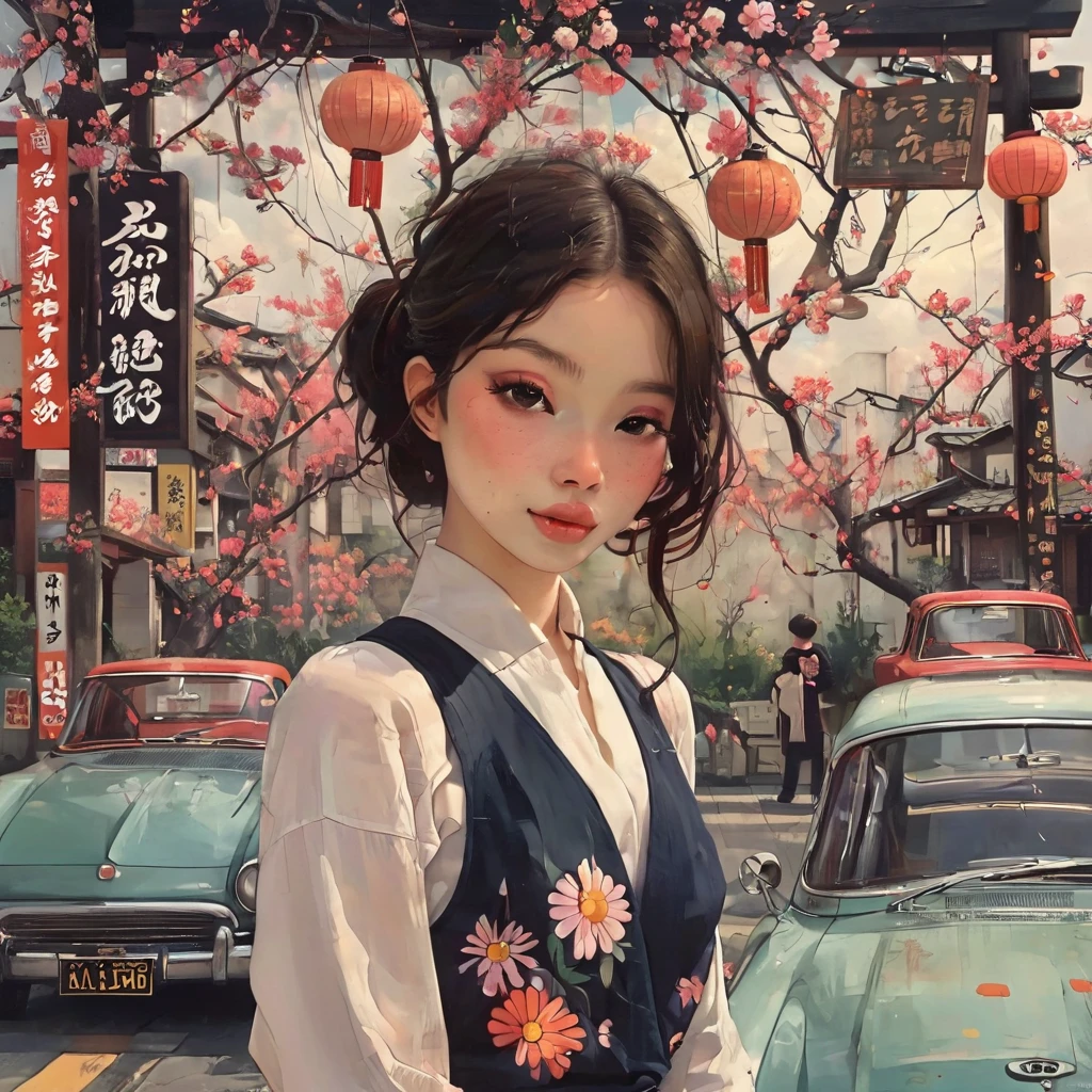 Girl riding in a retro classic car、Motorcycle design featuring traditional Japanese patterns、A beautiful girl wearing a racing suit with a Japanese pattern、Japanese traditional art、Kimono-like Japanese style、Japanese style、Shangri-La、Pop Art、psychedelic、Highest quality、Masterpiece、style of Diane Dillon, 
