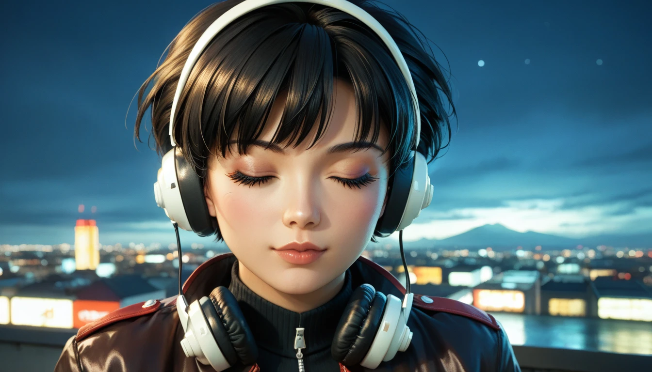 Detailed and detailed depiction, cel style, vivid details, retro anime, 90s anime, VHS picture quality, moody lighting, girl in the twilight of the night city of Tokyo, the girl wears headphones, eyes closed, beautiful black hair with short hair