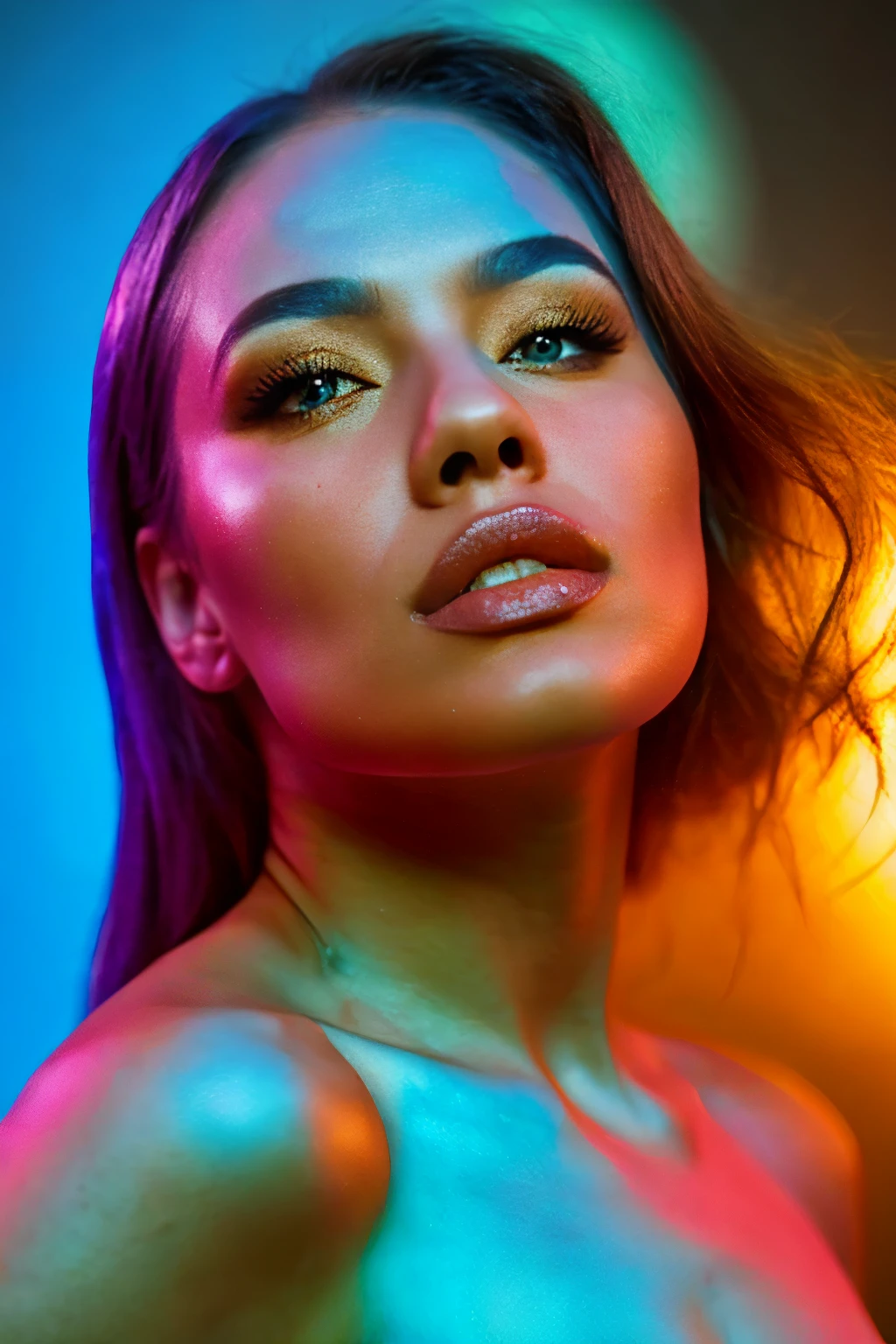 A beautiful model posing for a Vogue magazine cover, in a studio setting with dramatic, colorful lighting. The image captures glamour and sophistication, focusing on realistic skin textures, perfect hair details, flawless makeup, and a striking pose. Vibrant lights cast soft shadows, highlighting every detail of the scene. The composition follows editorial fashion rules, hyper-realism, with an emphasis on fine details and aesthetic perfection. natural light, 35mm photograph, film, professional, 4k, highly detailed, Golden hour lighting. Depth of field F2. Rule of Thirds Composition. (((Colorful lighting, cinematic gradient lighting background))).
