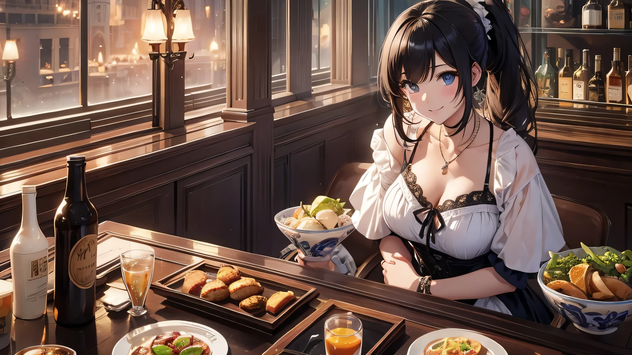 a woman in a blue dress sitting at a table, masayoshi suto and artgerm, ilya kuvshinov and artgerm, smooth anime cg art, makoto shinkai and artgerm, artgerm ; 3d unreal engine, artgerm and ilya kuvshinov, tsuaii, artgerm. anime illustration