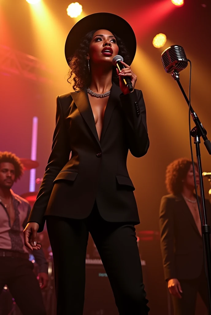 A dynamic shot full body image,of a African American woman with straight cherry plum hair elegantly styled in a Gold sequin suit and a matching fedora hat,holding a microphone. Craft a scene that radiates confidence, sophistication, and individuality, capturing the essence of modern style and professionalism. Pay attention to the lighting, background, and composition to create a visually compelling and impactful representation
