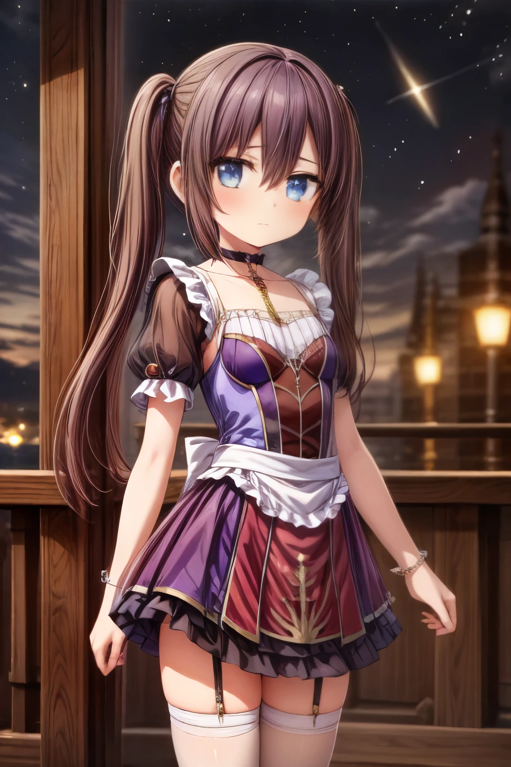 girl, located in the corner, looking at the sky, solo, Mona (Genshin Impact), choker, hair between eyes, star (symbol), long hair, dark purple hair, twintails, blue eyes, shining eyes, jewelry, witch, maid, bangs, purple black dress, purple skirt, white apron, landscape, night sky, star (sky), starry sky, night, outdoor, clouds, reflection, water, magic, tarot, water magic, ((beautiful golden crystal star)), space, water droplets, splash