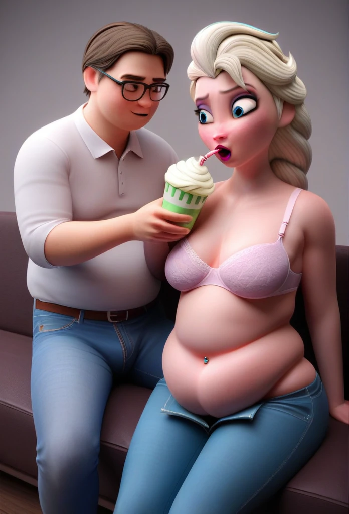 (( 3D, a slim and short Feeder Man,a Feeder Man pinching elsa's cheeks,A Man pinching and  touching Elsa's Belly )) , jeans_pull,Tall ,slim faced Surprised Elsa, fed by a man, gained weight,  elsa hands resting on belly,Sitting across table fed by a man with sweets, Drinking a Huge Gallon Bottled of MilkShake, literally gained a plump belly, Fat Rolls, pudge, jeans_pull under the hips, unprominent Vertical stretch marks,fullbodyimage,Raised Eyebrows, Plump body,navel piercing, poochbelly,sit on the couch,Pink Lipstick,jeans button popping,triangle body shaped,wearing a bra, slightly bending over front and looking back,3D